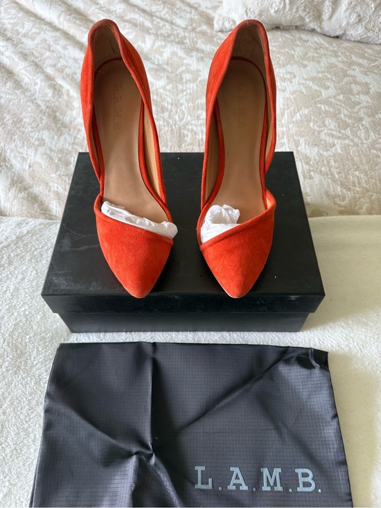L.A.M.B. Shoes - L.A.M.B. Meredith Orange Suede Pointed-Toe Pumps